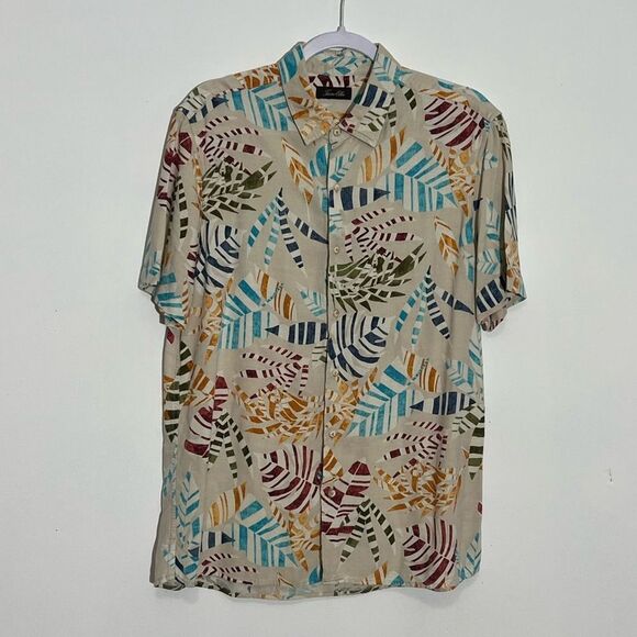 Tasso Elba Mens Button Up Leaf Shirt Tan Multicolor Short Sleeve Silk Blend - Picture 2 of 8